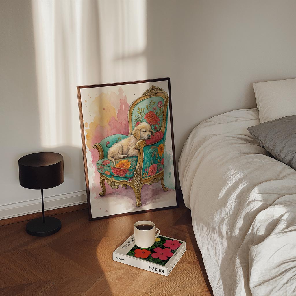 Dromerig Puppy op Bloemenstoel Poster