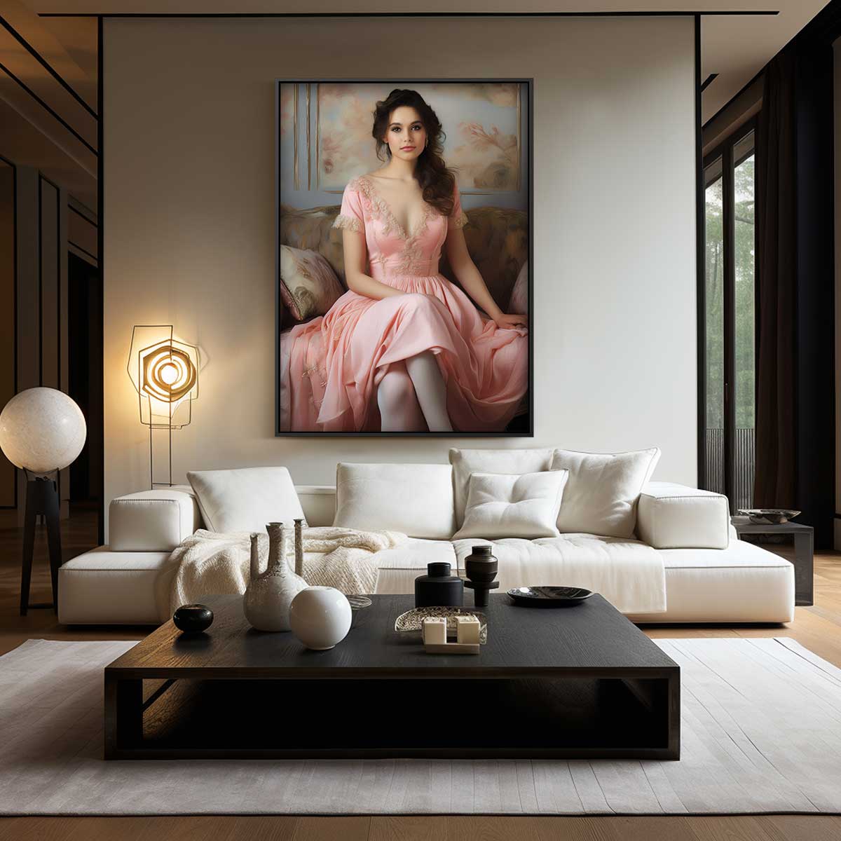 Dromerige Dame in Roze Jurk Kunstwerk-canvas-dibond-plexiglas-wanddecoratie-WallArtistic