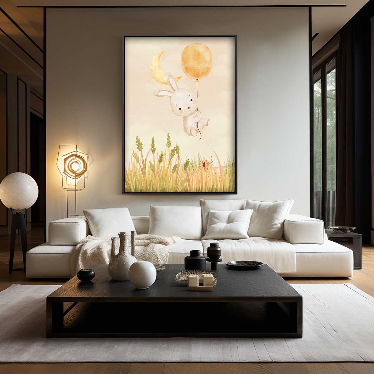 Maanlicht en Ballon Konijntje Kunstwerk-canvas-dibond-plexiglas-wanddecoratie-WallArtistic