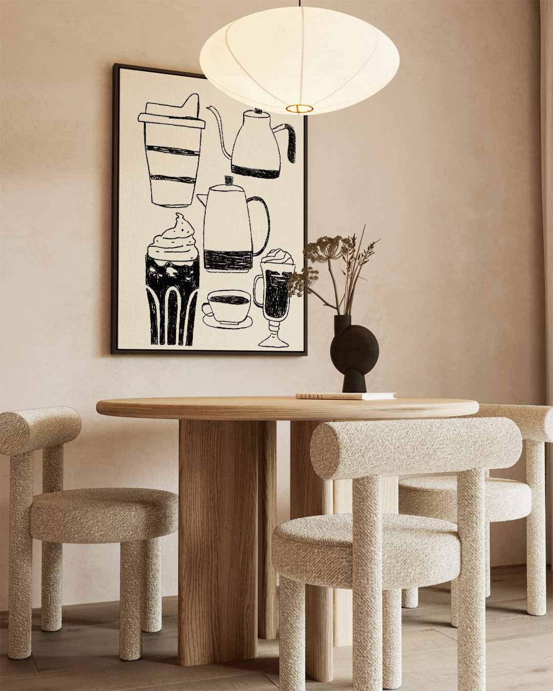 Koffieplezier in Lijnkunst Kunstwerk-canvas-dibond-plexiglas-wanddecoratie-WallArtistic
