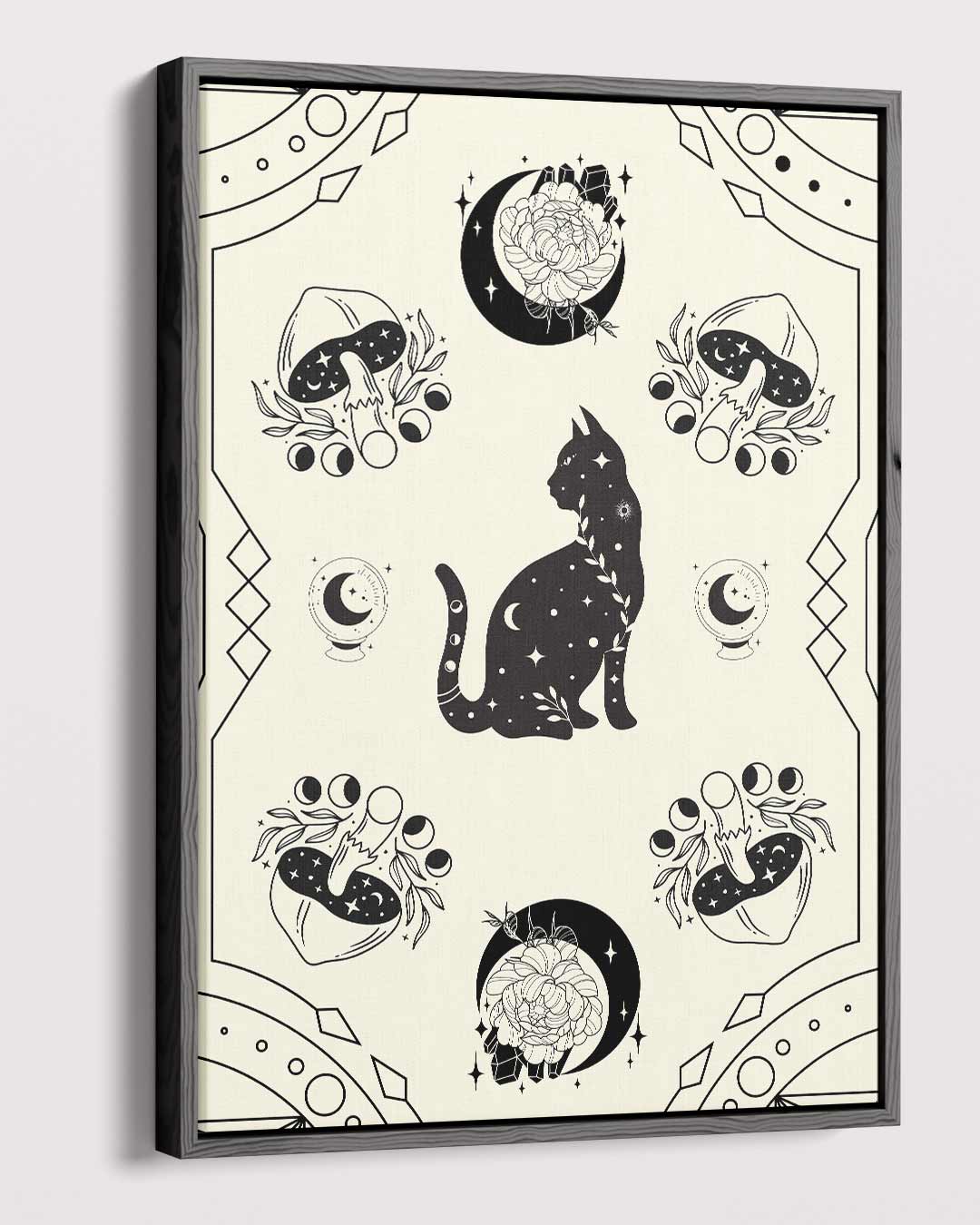Mystieke Kat en Paddenstoelen Illustratie Kunstwerk-canvas-dibond-plexiglas-wanddecoratie-WallArtistic