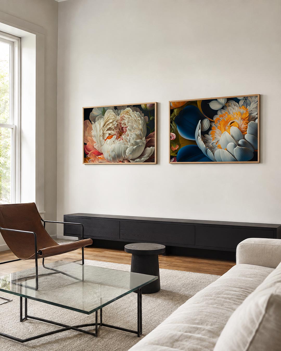 Twee liggende posters met een weelderige bloem, aan de muur in een interieur