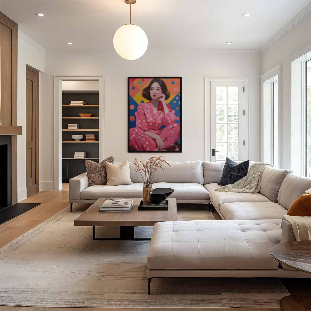 Kleurrijk Portret met Polka Dots Kunstwerk-canvas-dibond-plexiglas-wanddecoratie-WallArtistic