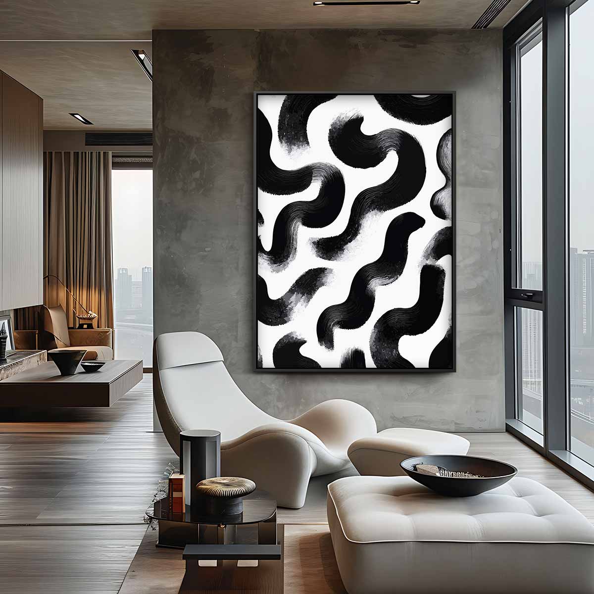 Abstracte Zwart-witte Kronkels Kunstwerk-canvas-dibond-plexiglas-wanddecoratie-WallArtistic