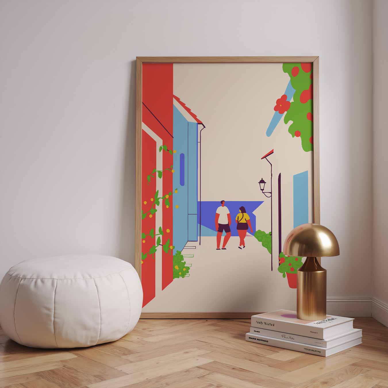 Zomerse Straatwandeling Illustratie Poster-WallArtistic