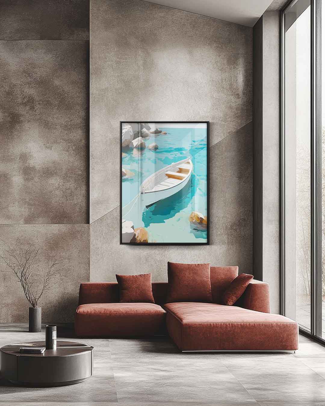 Rustgevend Bootje op Helder Blauw Water Kunstwerk-canvas-dibond-plexiglas-wanddecoratie-WallArtistic