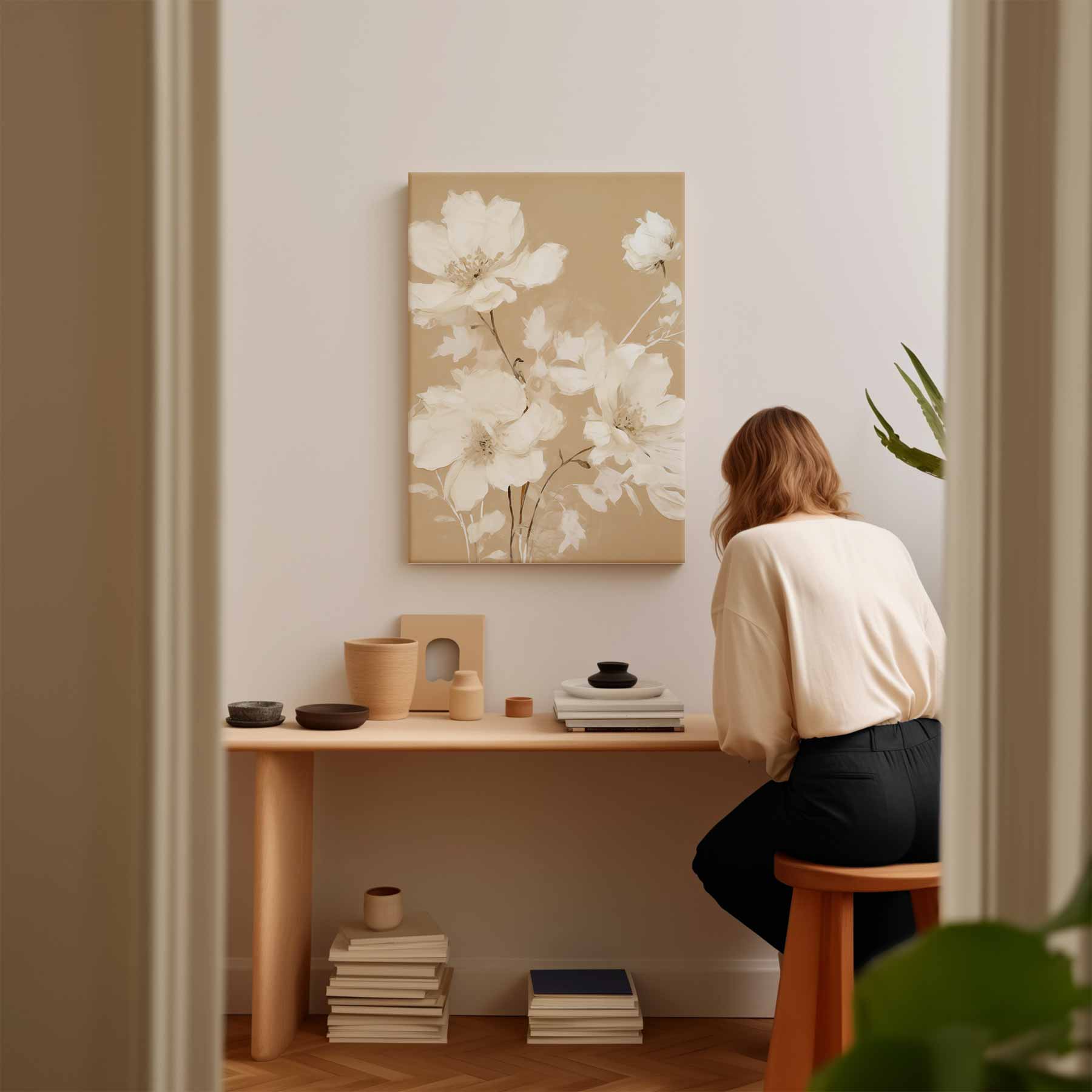 Zachte Bloemendroom op Beige Kunstwerk-canvas-dibond-plexiglas-wanddecoratie-WallArtistic