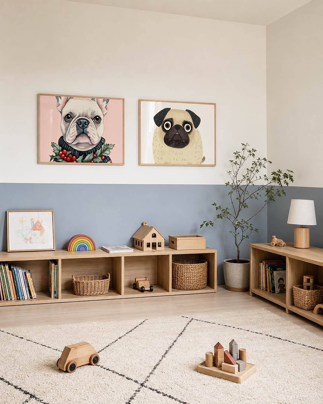 Twee liggende posters met een gedetailleerde tekening van een hond met een sjaal versierd, aan de muur in een interieur