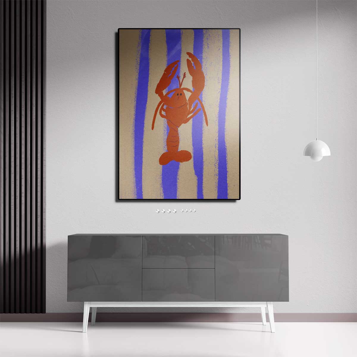 Dansende Kreeft op Streepjesachtergrond Kunstwerk-canvas-dibond-plexiglas-wanddecoratie-WallArtistic