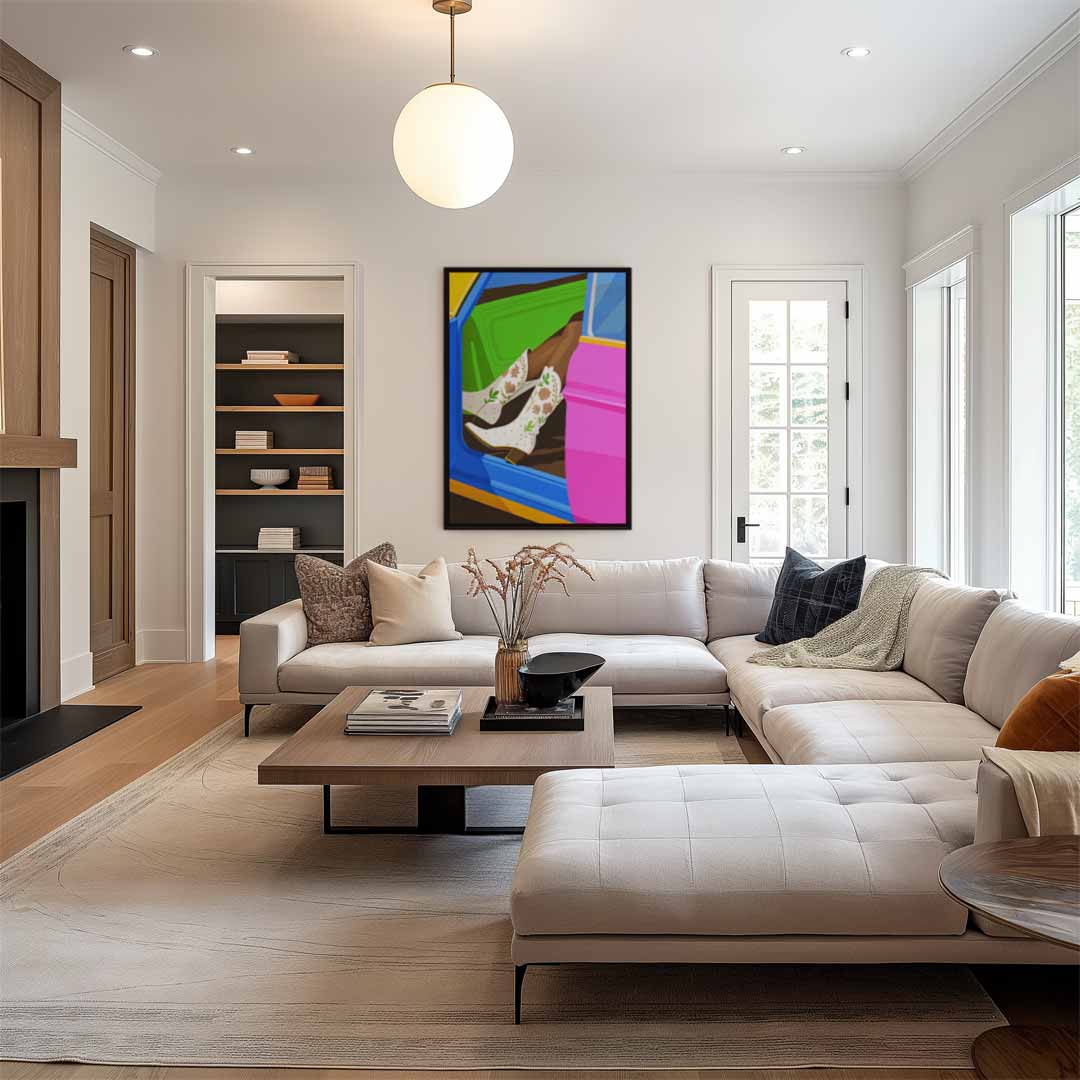 Kleurrijke Cowboylaarzen in Stijlvolle Auto Kunstwerk-canvas-dibond-plexiglas-wanddecoratie-WallArtistic
