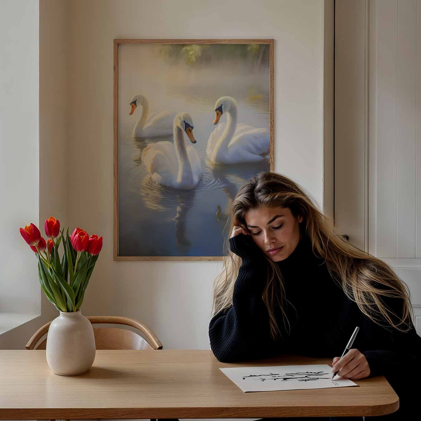 Dromerige Zwanen in Ochtendmist Poster-WallArtistic