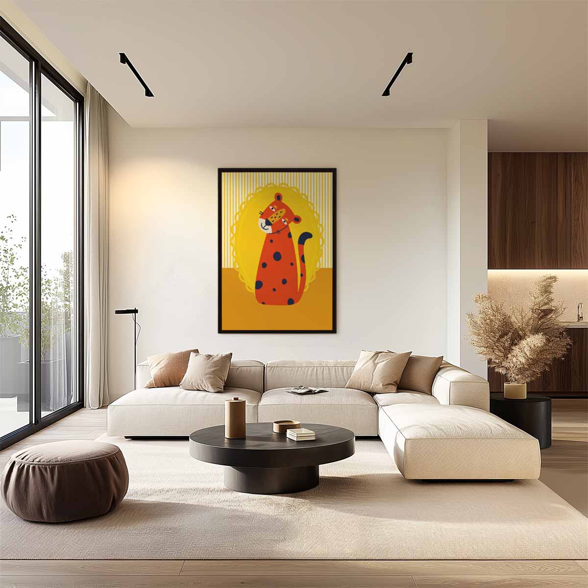 Vrolijke Cheetah op Geel Kunstwerk-canvas-dibond-plexiglas-wanddecoratie-WallArtistic