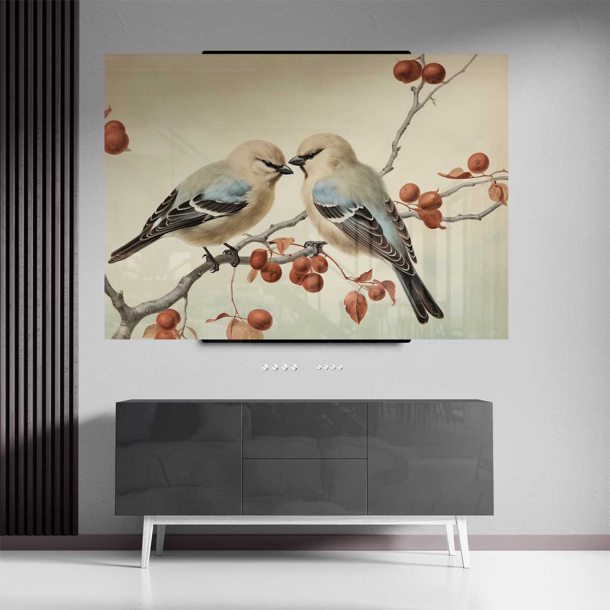 Vogelpaar op Tak Kunstwerk-canvas-dibond-plexiglas-wanddecoratie-WallArtistic