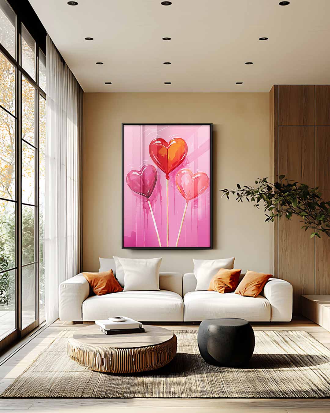 Hartvormige Lollys op Roze Achtergrond Kunstwerk-canvas-dibond-plexiglas-wanddecoratie-WallArtistic