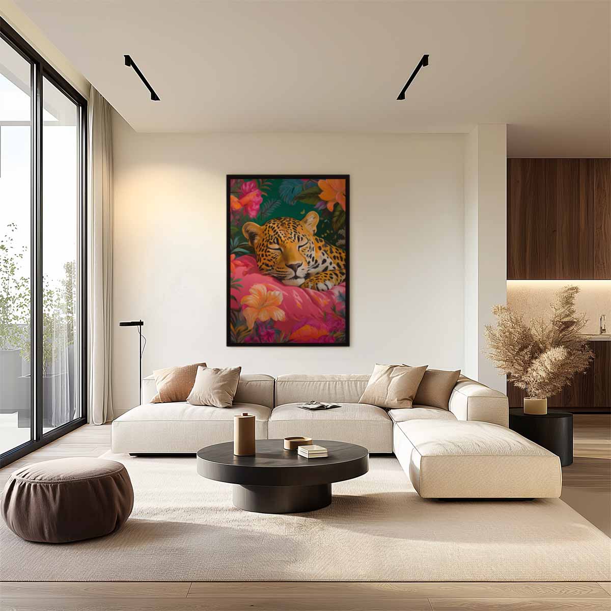 Sluimerende Luipaard in Bloemenpracht Kunstwerk-canvas-dibond-plexiglas-wanddecoratie-WallArtistic