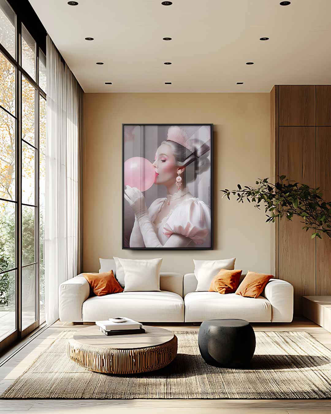 Vintage Prinses met Roze Bubbel Kunstwerk-canvas-dibond-plexiglas-wanddecoratie-WallArtistic