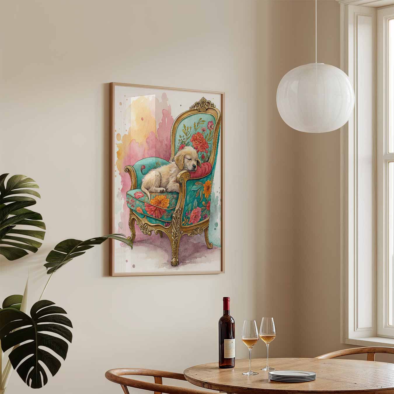 Dromerig Puppy op Bloemenstoel Poster