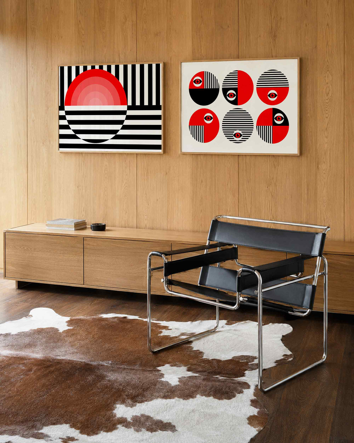 Interieurmockup van tweedelige landscape-posterset met rode cirkels en strepen