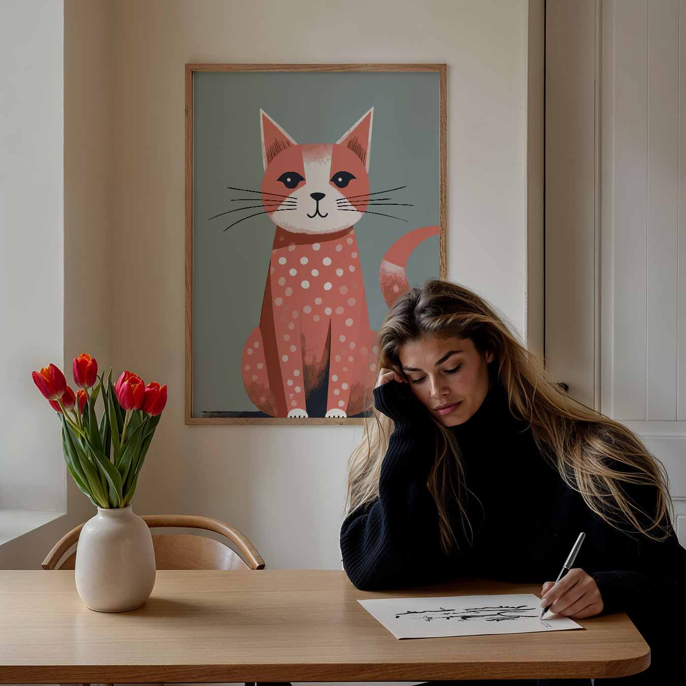 Stijlvolle Kattenposter met Polkadots Poster-WallArtistic