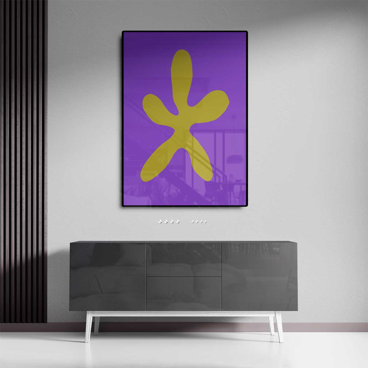 Vrolijke Gele Ster op Paars Kunstwerk-canvas-dibond-plexiglas-wanddecoratie-WallArtistic