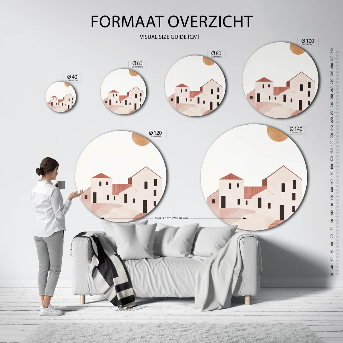Minimalistische gebouwen Muurcirkel – extra productweergave – De muurcirkel toont een reeks eenvoudige gebouwen in beige en