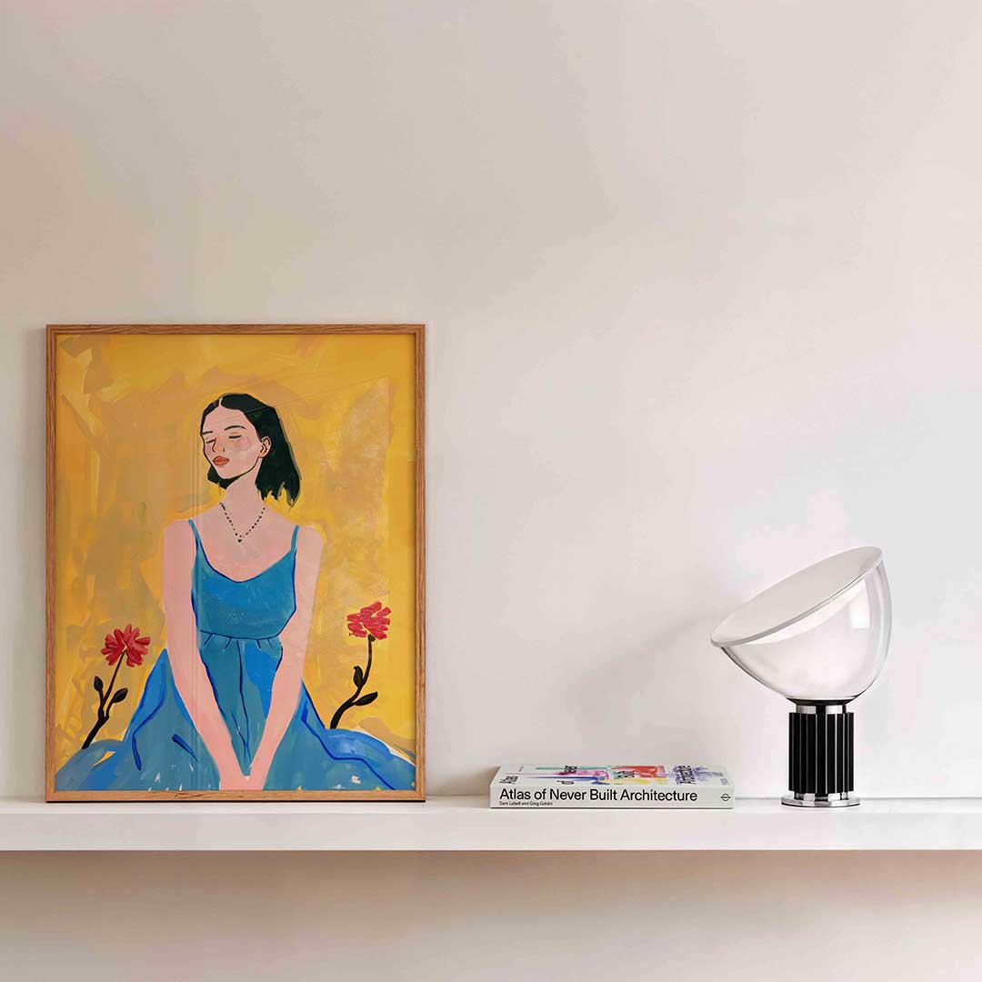 Vrouw in blauwe jurk Poster