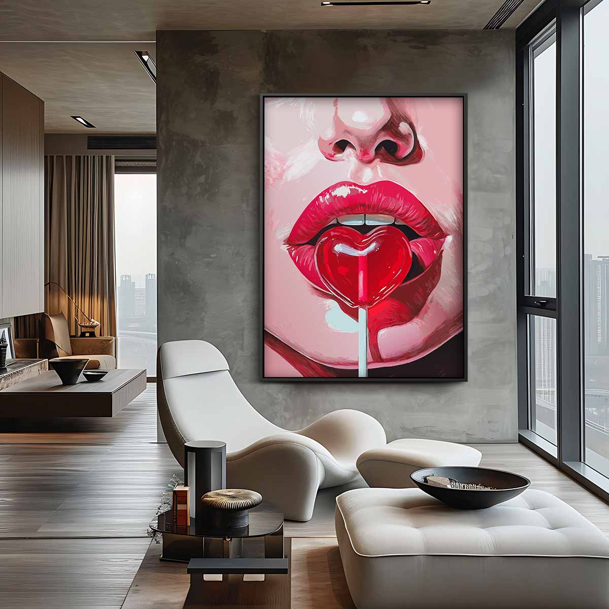 Lippen met Hart Lolly Kunstwerk-canvas-dibond-plexiglas-wanddecoratie-WallArtistic