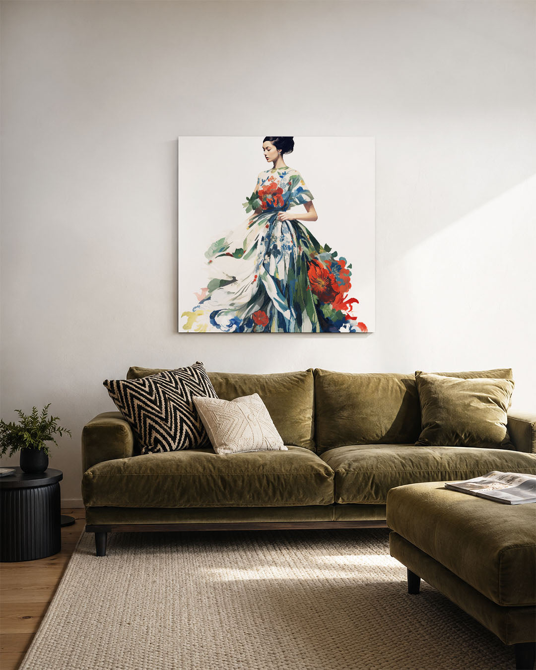 Vrouw in bloemenjurk Kunstwerk