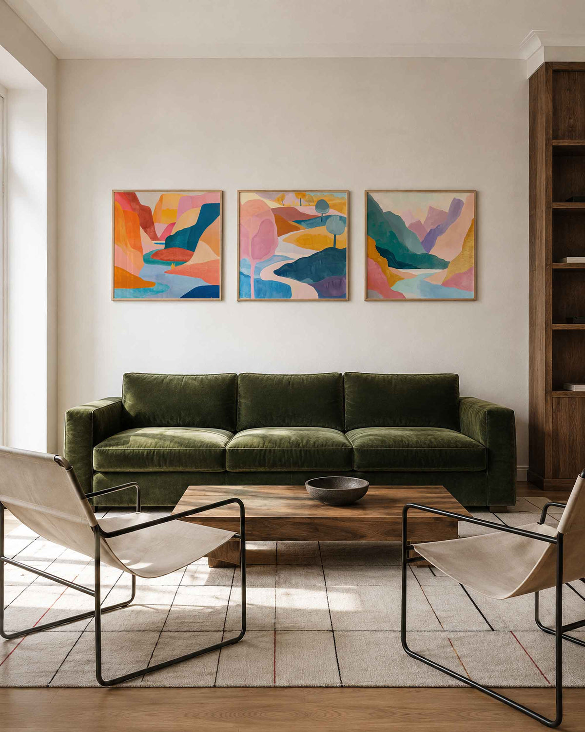Interieurpresentatie van een driedelige vierkante posterset met kleurrijk abstract landschap