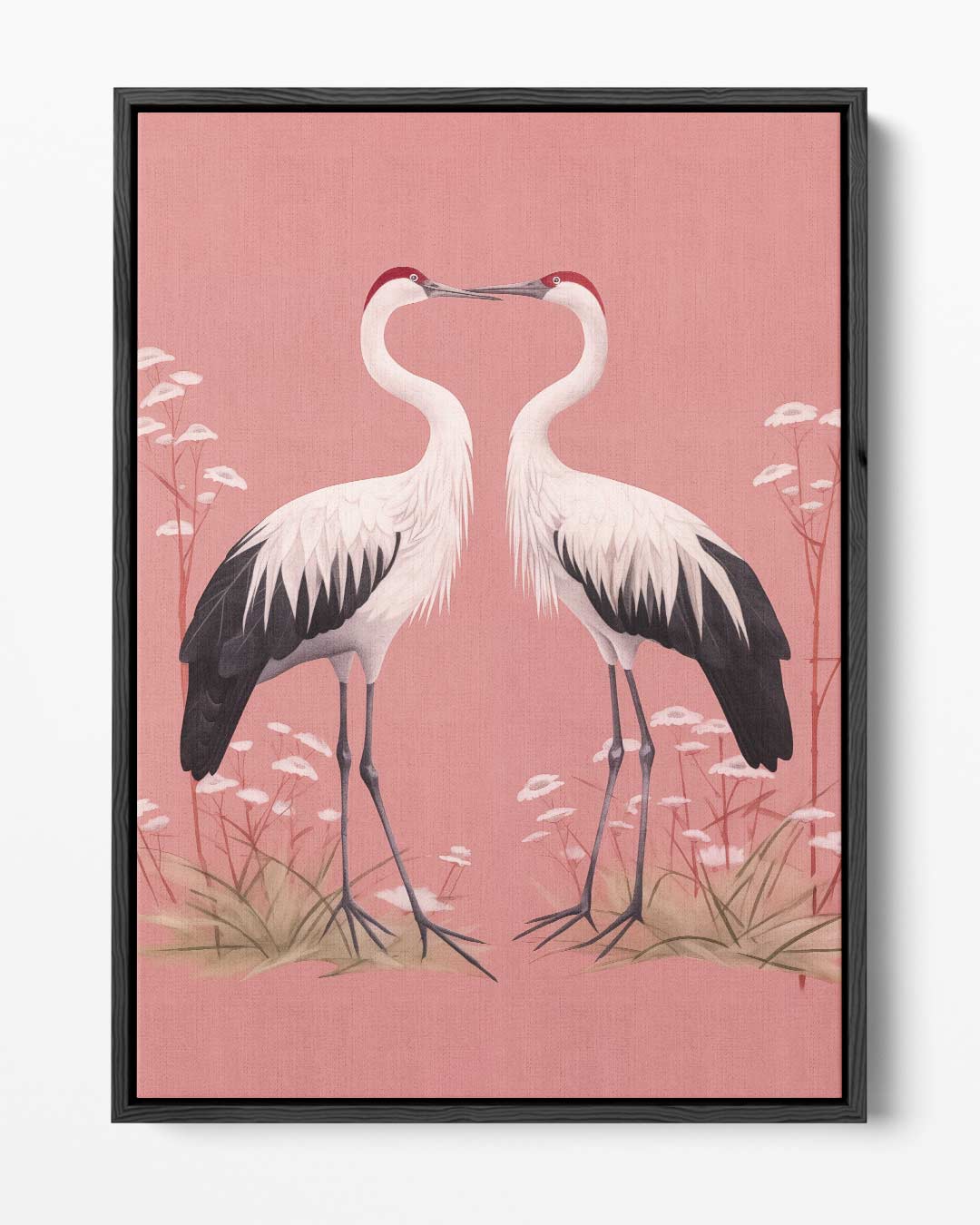 Romantische Kraanvogels op Rosa Achtergrond Kunstwerk-canvas-dibond-plexiglas-wanddecoratie-WallArtistic