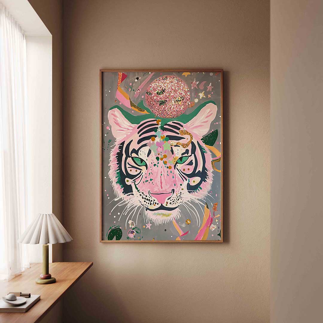 Tijger met roze en groene accenten Poster