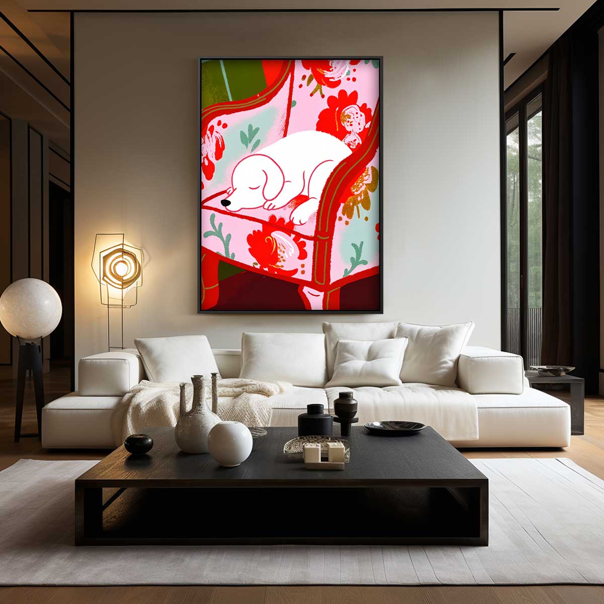 Dromerige Pup op Bloemenstoel Kunstwerk-canvas-dibond-plexiglas-wanddecoratie-WallArtistic
