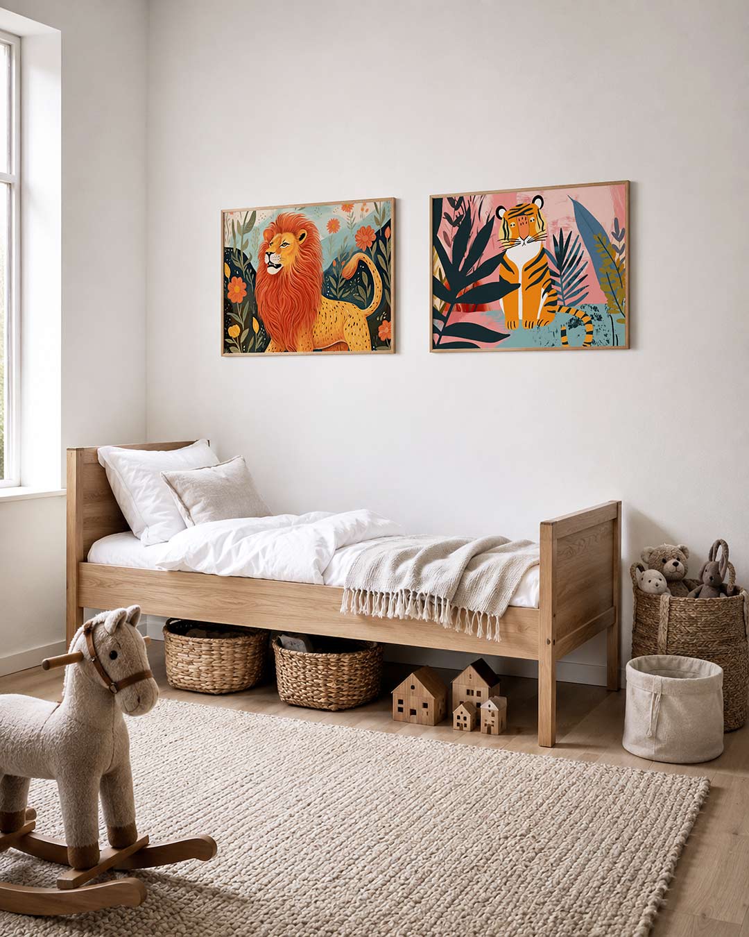 Tweedelige posterset met een majestueuze leeuw met een vurige manen, getoond in een interieur