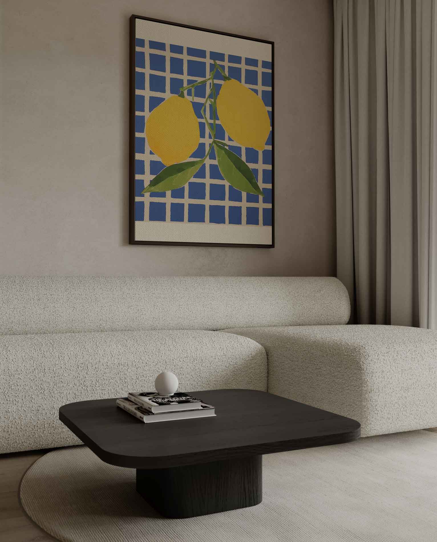 Citroenen op Blauw Geruit Kunstwerk-canvas-dibond-plexiglas-wanddecoratie-WallArtistic