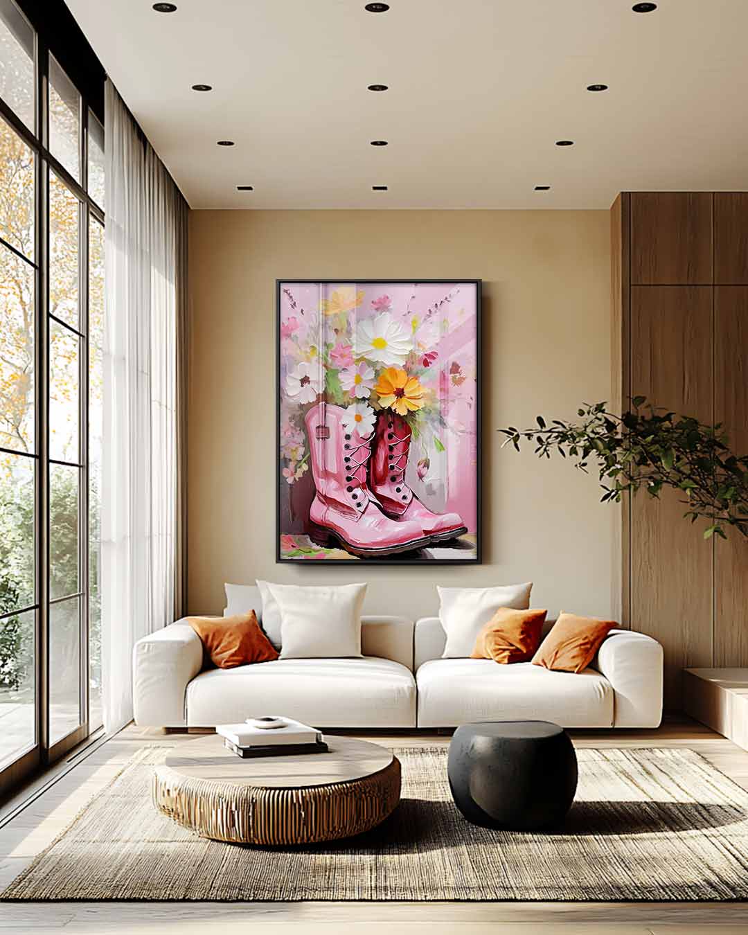 Bloemrijke Laarzen in Roze Tint Kunstwerk-canvas-dibond-plexiglas-wanddecoratie-WallArtistic