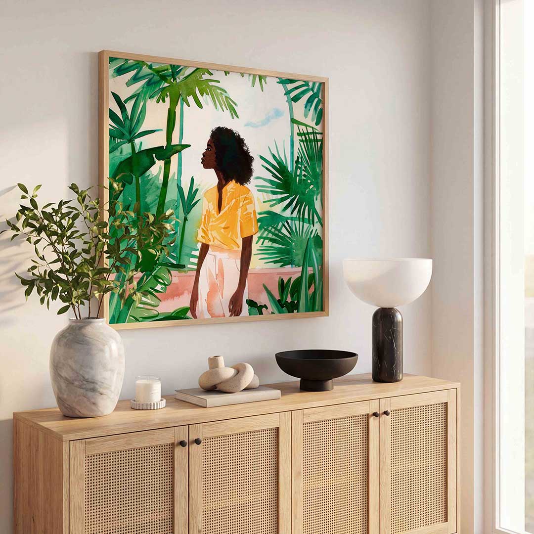Vrouw tussen groene bladeren Poster