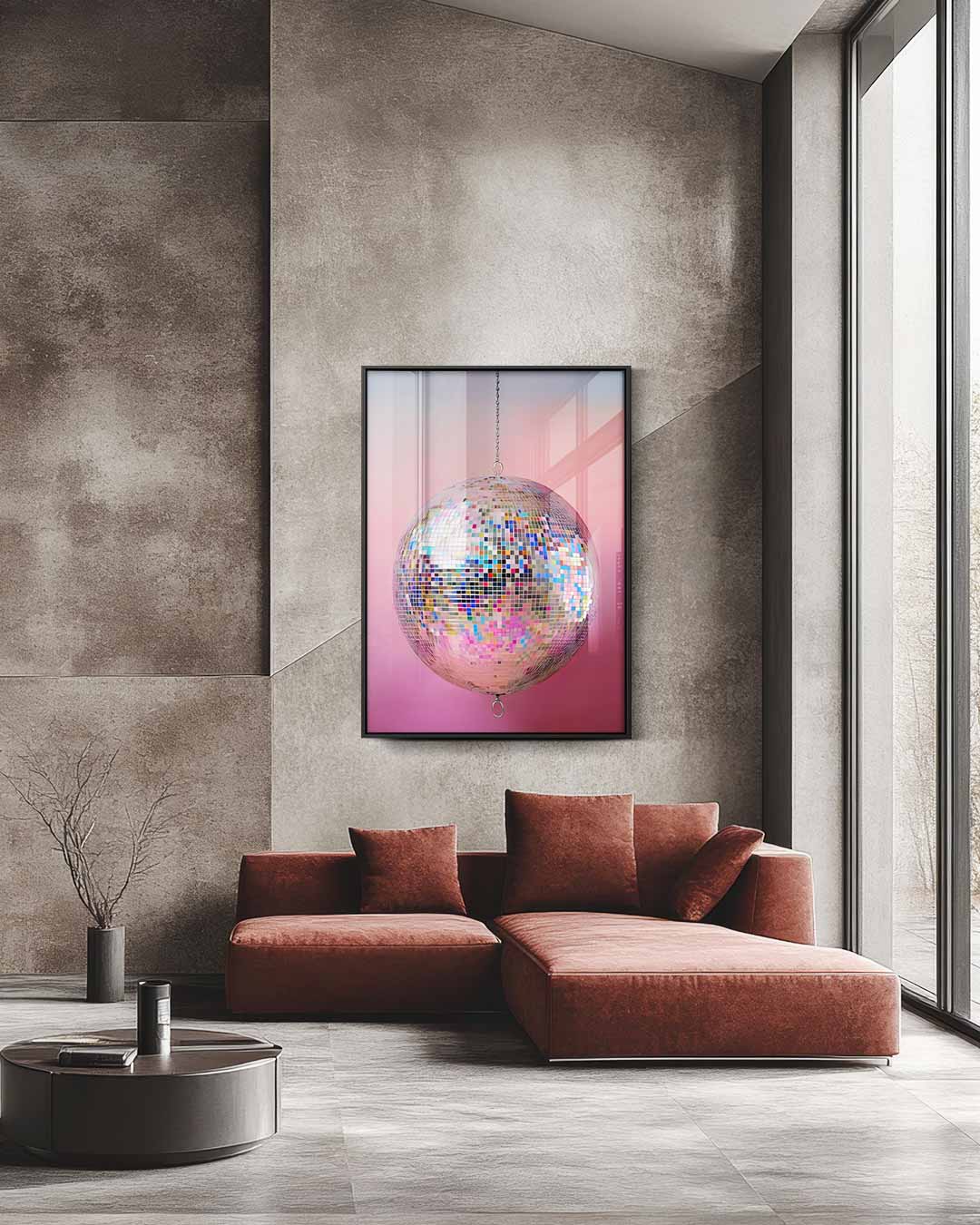 Kleurrijke Discobal op Roze Achtergrond Kunstwerk-canvas-dibond-plexiglas-wanddecoratie-WallArtistic