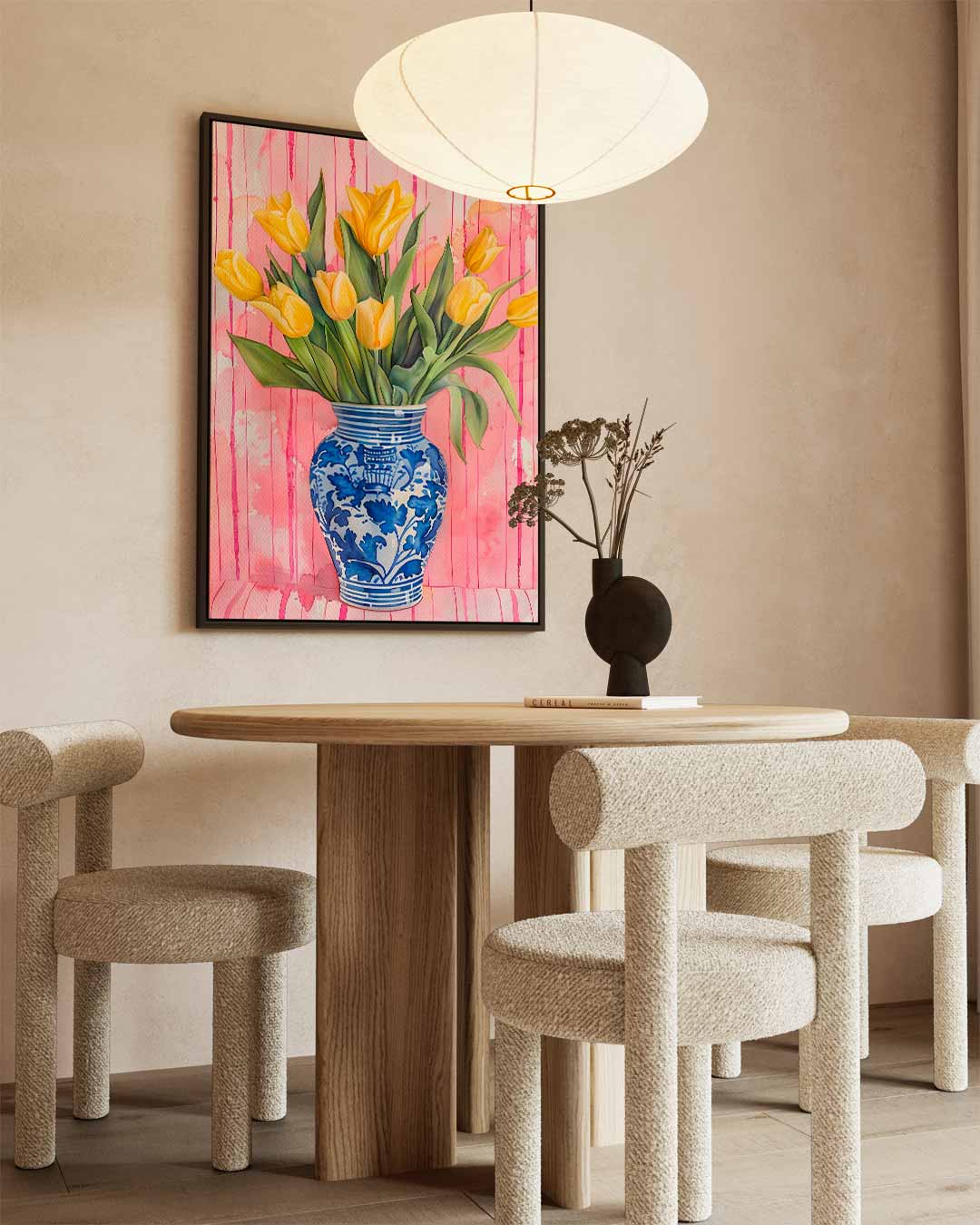 Vrolijke Gele Tulpen in Delfts Blauwe Vaas Kunstwerk-canvas-dibond-plexiglas-wanddecoratie-WallArtistic