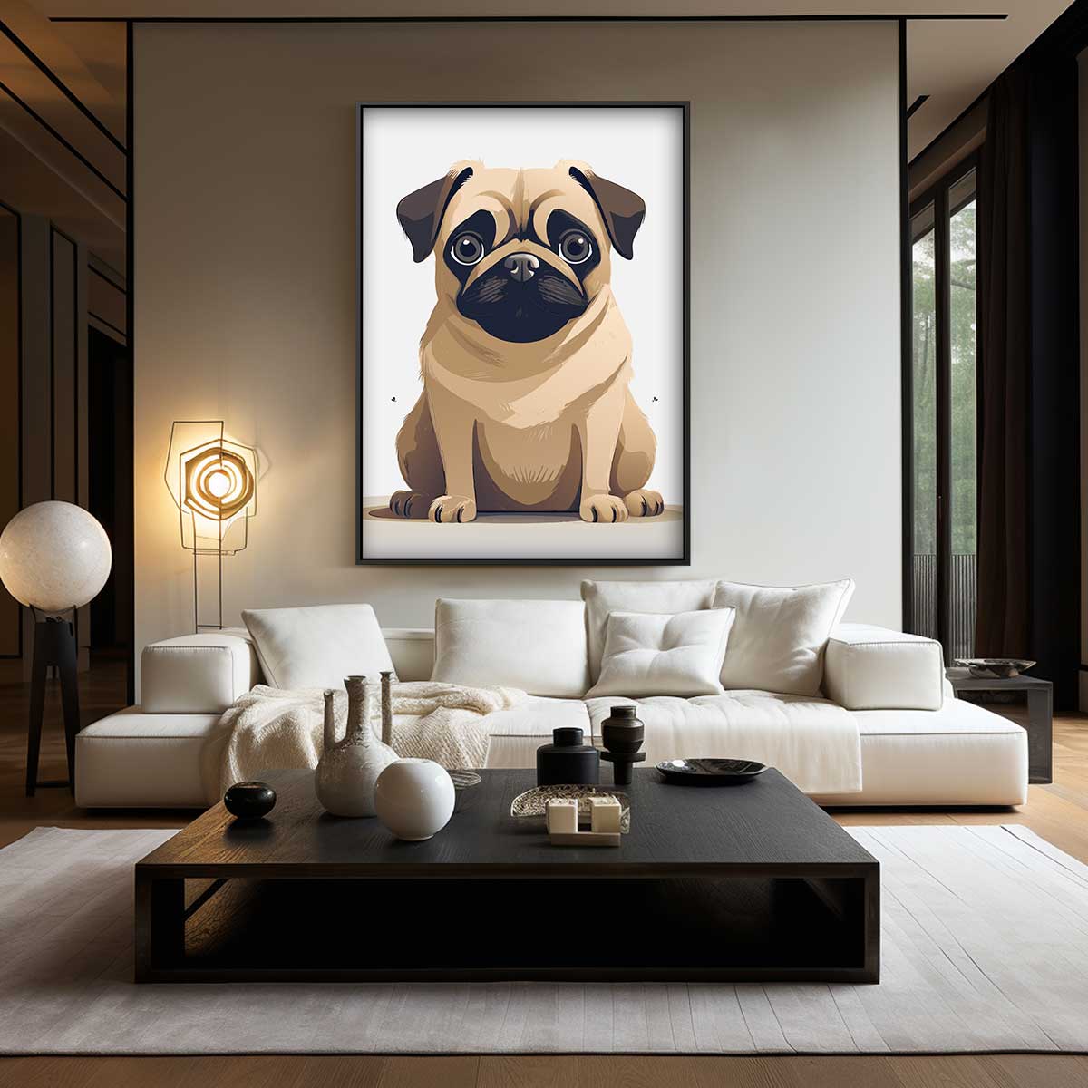 Schattige Mopshond Illustratie Kunstwerk-canvas-dibond-plexiglas-wanddecoratie-WallArtistic
