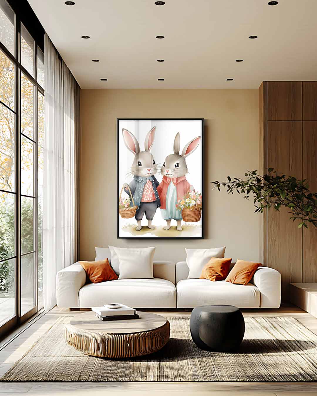 Schattige Konijntjes met Bloemenmanden Kunstwerk-canvas-dibond-plexiglas-wanddecoratie-WallArtistic