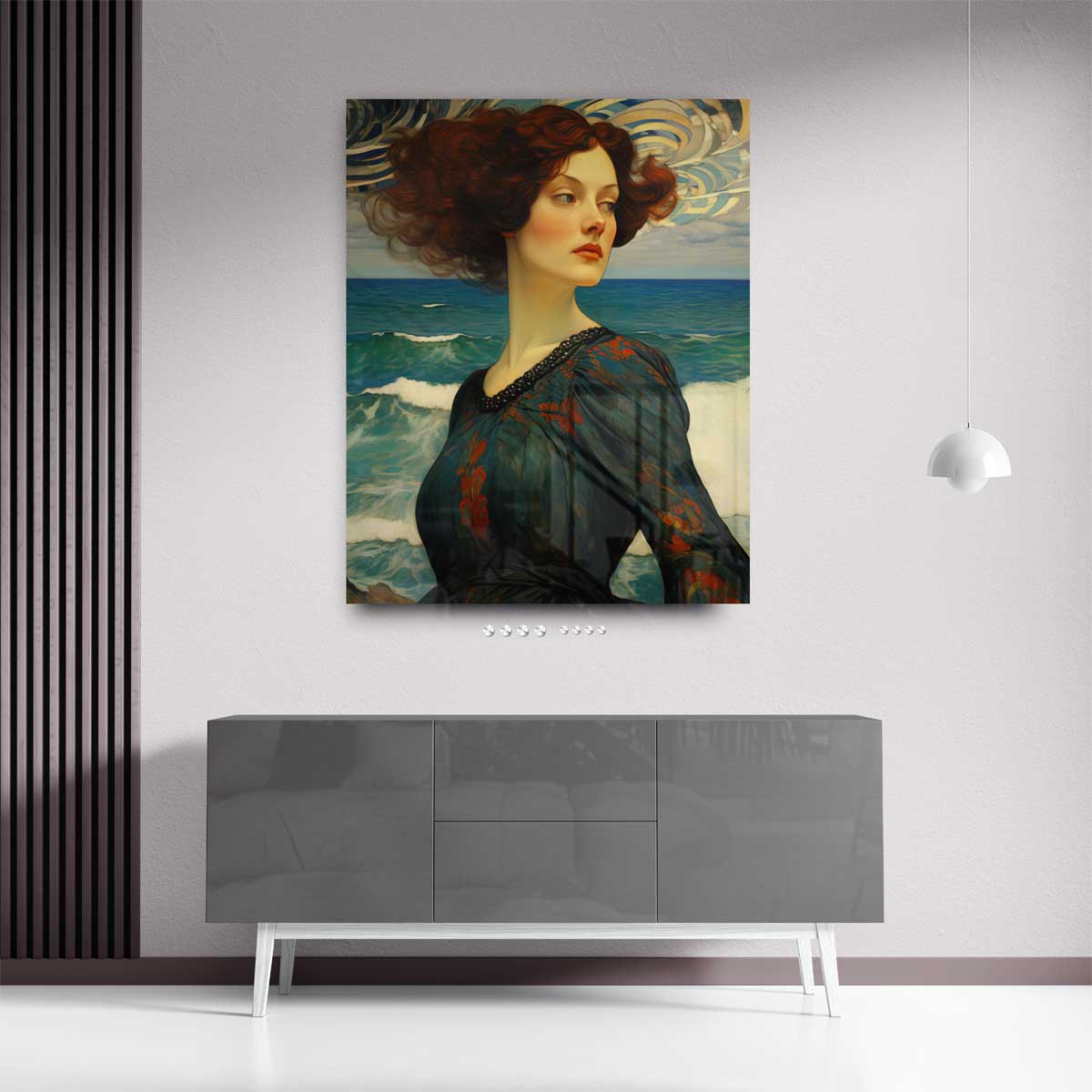 Dromerige dame aan zee Kunstwerk-canvas-dibond-plexiglas-wanddecoratie-WallArtistic
