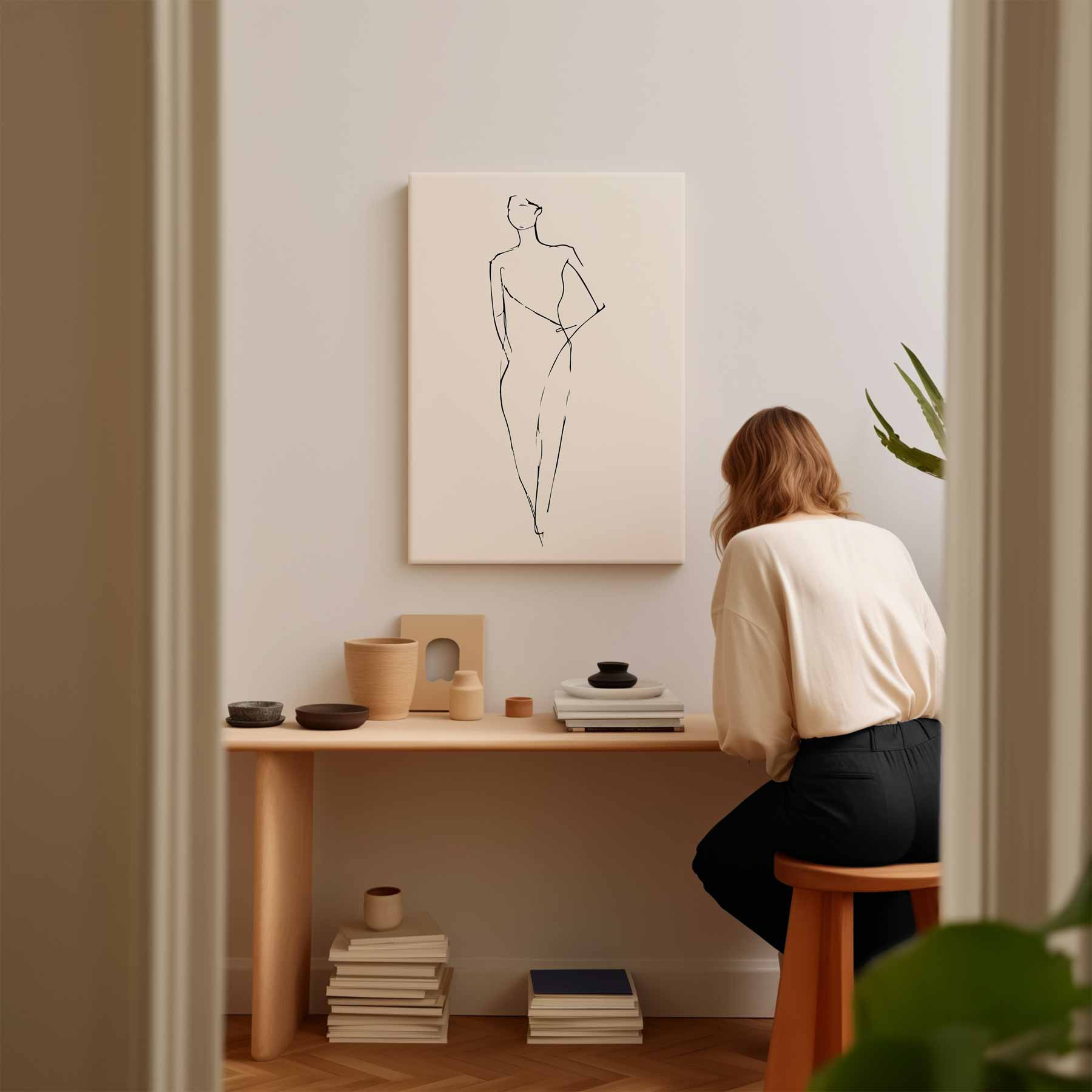 Elegante Lijntekening van een Vrouw Kunstwerk-canvas-dibond-plexiglas-wanddecoratie-WallArtistic