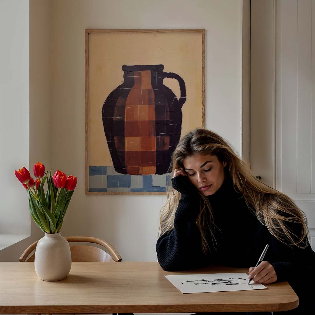 Rustieke Vaas op Checker Blue Poster-WallArtistic