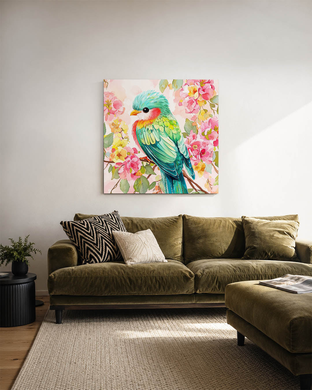 Vrolijke vogel en bloemen Kunstwerk