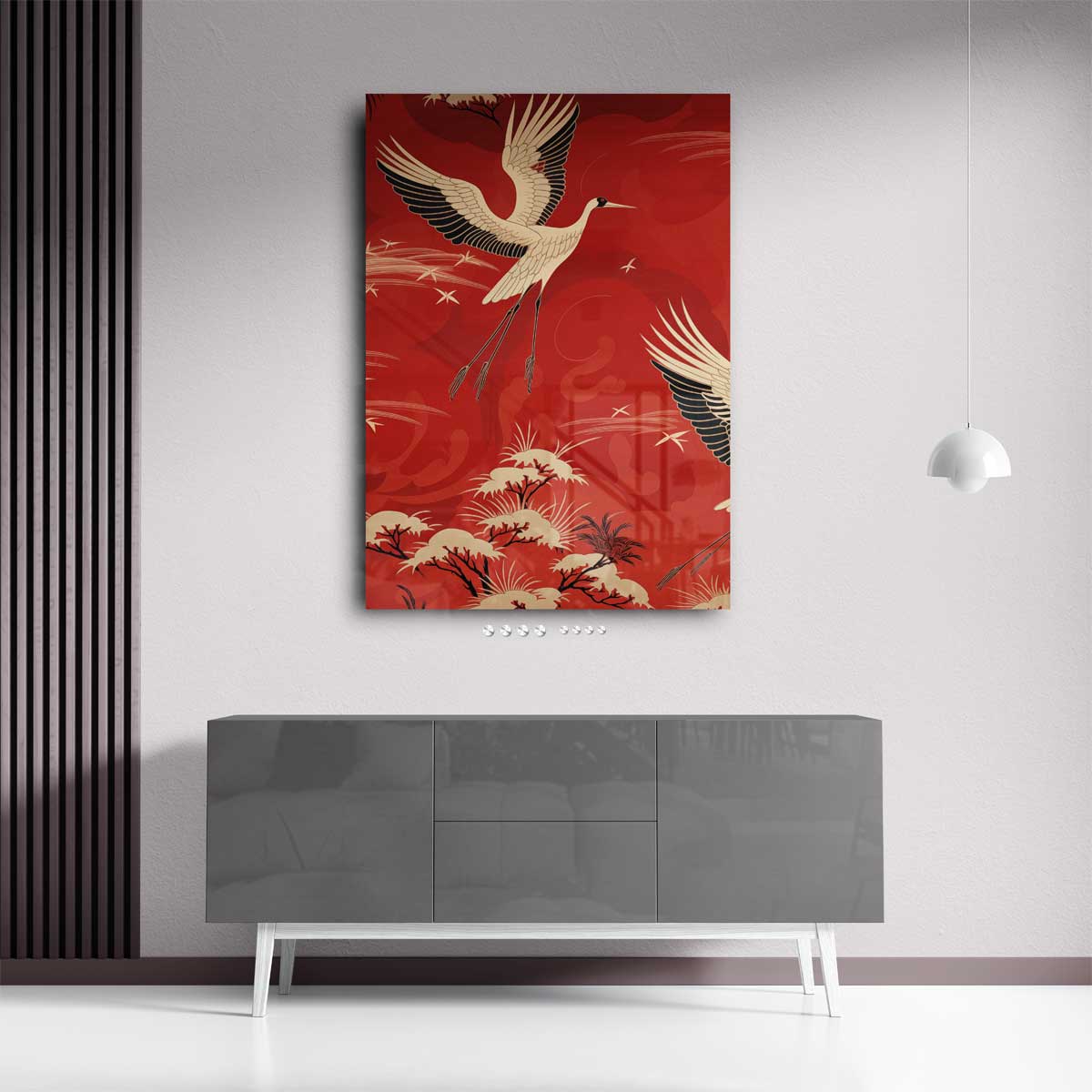 Vliegende Kraanvogels in het Rood Kunstwerk-canvas-dibond-plexiglas-wanddecoratie-WallArtistic