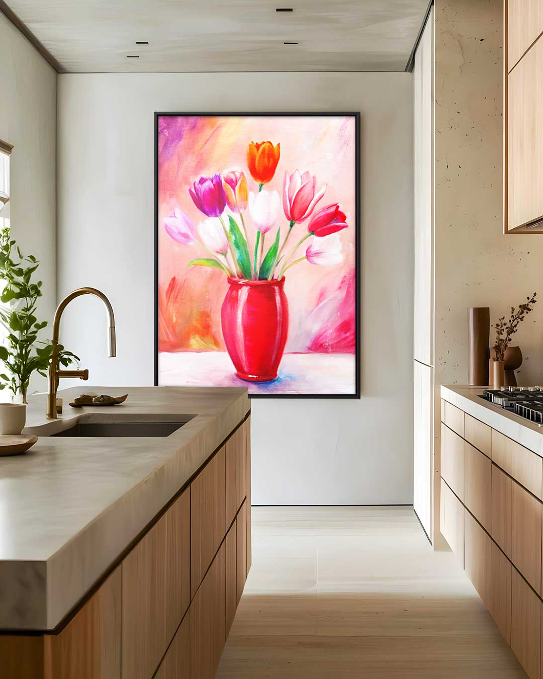 Vrolijke Tulpen in Rode Vaas Kunstwerk-canvas-dibond-plexiglas-wanddecoratie-WallArtistic