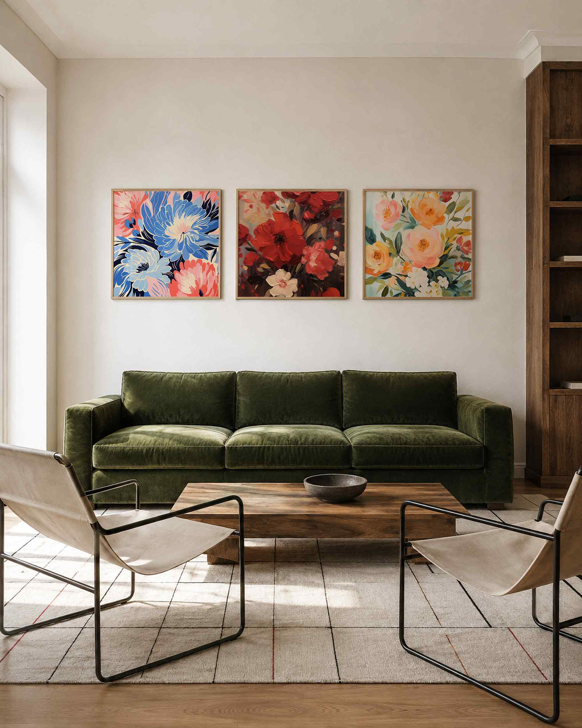 Interieurpresentatie van een driedelige vierkante posterset met kleurrijke bloemen