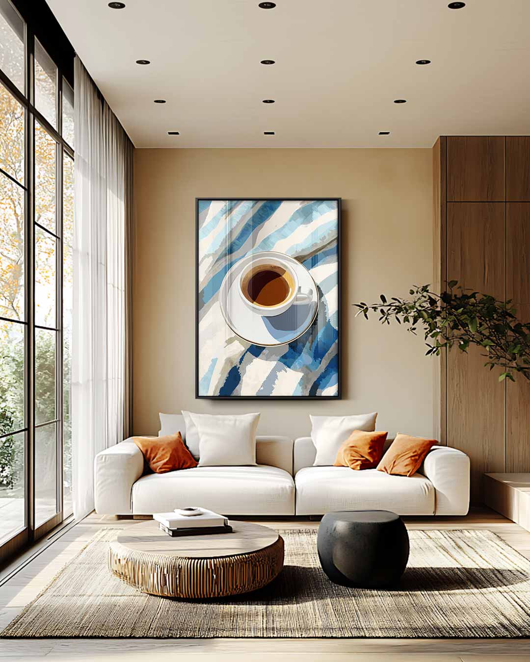 Koffiemoment in Blauwe Strepen Kunstwerk-canvas-dibond-plexiglas-wanddecoratie-WallArtistic