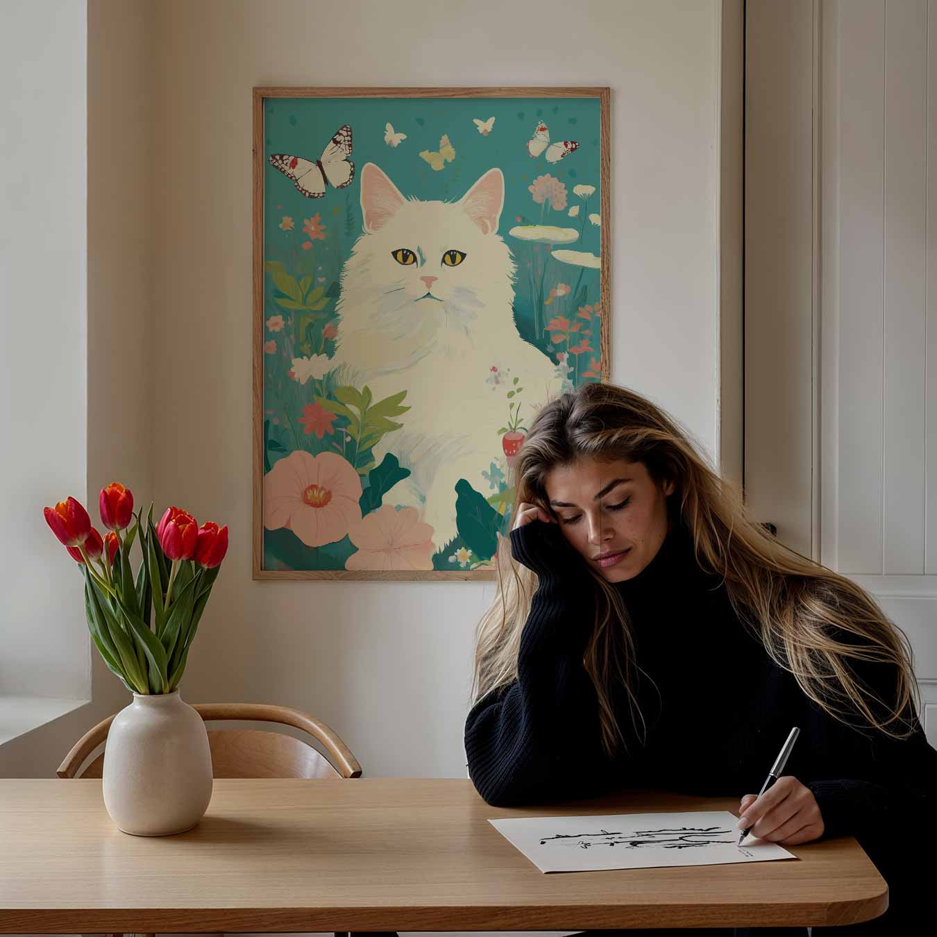 Dromerige Kat in Bloementuin Poster-WallArtistic