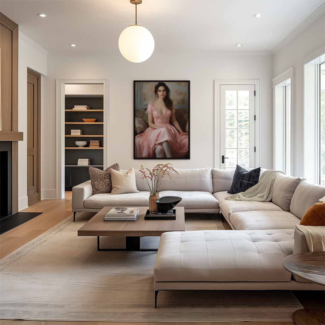 Dromerige Dame in Roze Jurk Kunstwerk-canvas-dibond-plexiglas-wanddecoratie-WallArtistic